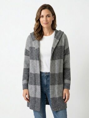 Neiman Marcus Cashmere Collection Striped Hooded Longline Cardigan Grey (L?)
